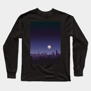 Midnight Starry Night D20 Dice Over City Tabletop RPG Cityscape Long Sleeve T-Shirt